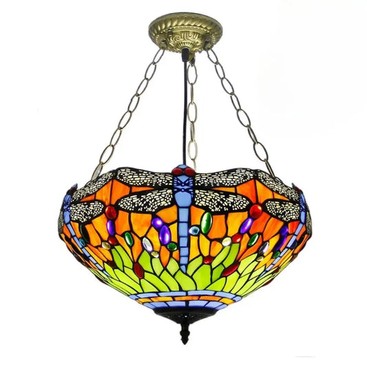 16inch Vintage Stained Glass Anti-chandelier Tiffany Style Dragonfly Lamp Pendant Light - CTL