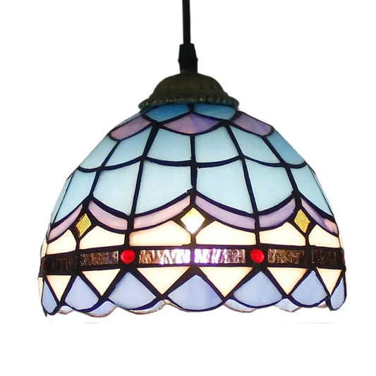 18cm Tiffany Stained Glass Hanging Lamp Blue Floral Lampshade Pendant Light - CTL