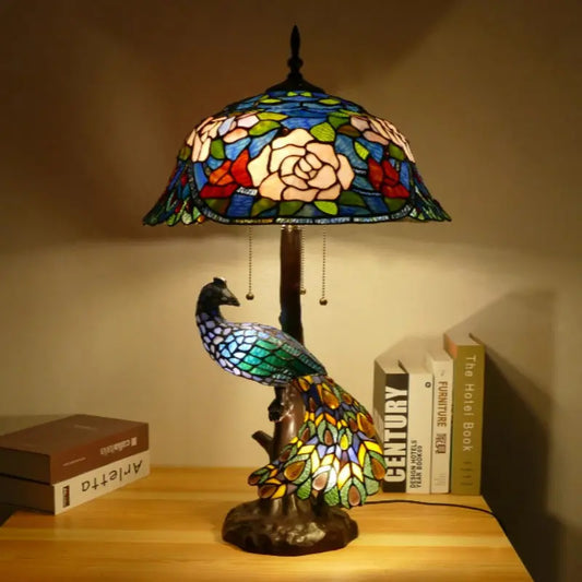 18inch 46cm Handmade Stained Glass Lampshade Large Tiffany Peacock Table Lamp - CTL