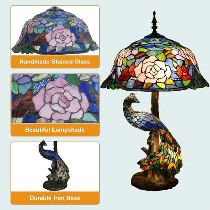 18inch 46cm Handmade Stained Glass Lampshade Large Tiffany Peacock Table Lamp - CTL