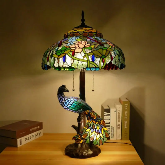 18inch 46cm Peacock Tiffany Lamp Stained Glass Lampshade Vintage Table Lamps - CTL