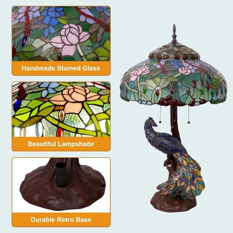 18inch 46cm Peacock Tiffany Lamp Stained Glass Lampshade Vintage Table Lamps - CTL