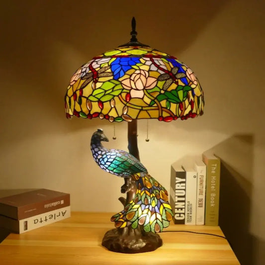 18inch 46cm Retro Peacock Base Handmade Large Dragonfly Lotus Tiffany Table Lamp - CTL
