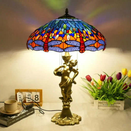 18inch 46cm Stained Glass Blue Dragonfly Lampsahde Vintage Tiffany Table Lamp - CTL