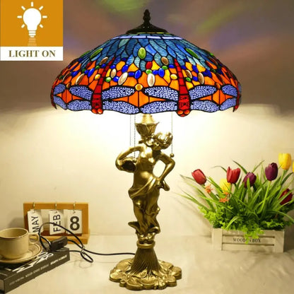 18inch 46cm Stained Glass Blue Dragonfly Lampsahde Vintage Tiffany Table Lamp - CTL