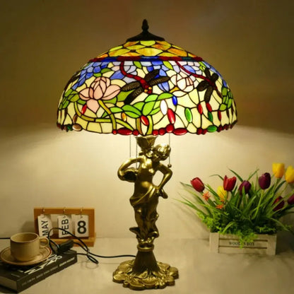 18inch 46cm Stained Glass Dragonfly Lotus Lampsahde Vintage Tiffany Table Lamp - CTL