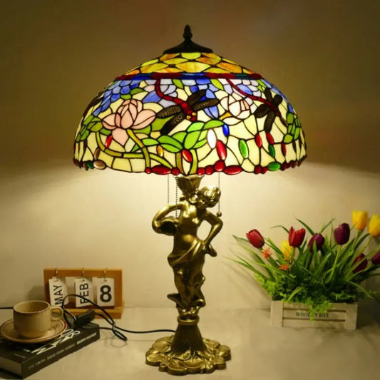 18inch 46cm Stained Glass Dragonfly Lotus Lampsahde Vintage Tiffany Table Lamp - CTL