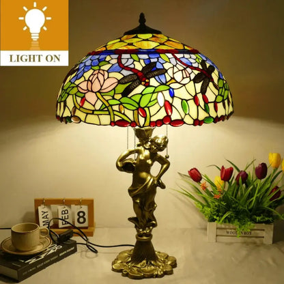 18inch 46cm Stained Glass Dragonfly Lotus Lampsahde Vintage Tiffany Table Lamp - CTL
