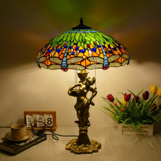 18inch 46cm Stained Glass Green Dragonfly Lampsahde Vintage Tiffany Table Lamp - CTL