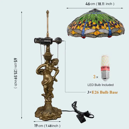 18inch 46cm Stained Glass Green Dragonfly Lampsahde Vintage Tiffany Table Lamp - CTL
