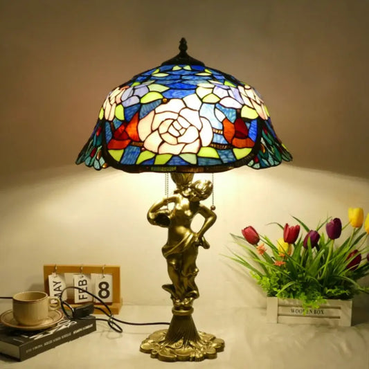 18inch 46cm Stained Glass Pink Rose Floral Lampsahde Vintage Tiffany Table Lamp - CTL