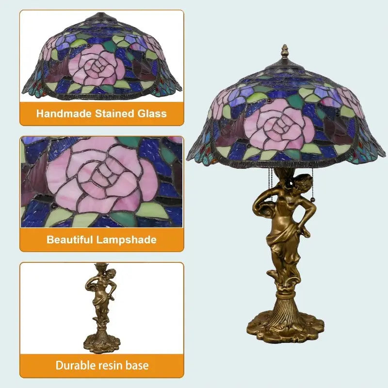 18inch 46cm Stained Glass Pink Rose Floral Lampsahde Vintage Tiffany Table Lamp - CTL