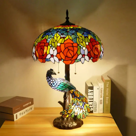 18inch Handmade Large Peacock Tiffany Style Lamp Rose Lampshade Desk Light - CTL