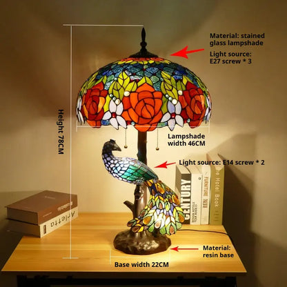 18inch Handmade Large Peacock Tiffany Style Lamp Rose Lampshade Desk Light - CTL
