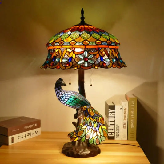 18inch Vintage Handmade Straw Hat Large Peacock Tiffany Style Lamp - CTL