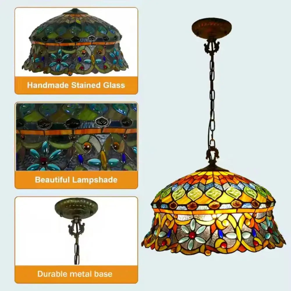 18inch 48cm Stained Glass Pastoral Hat Beads Lampshade Tiffany Pendant Light - CTL