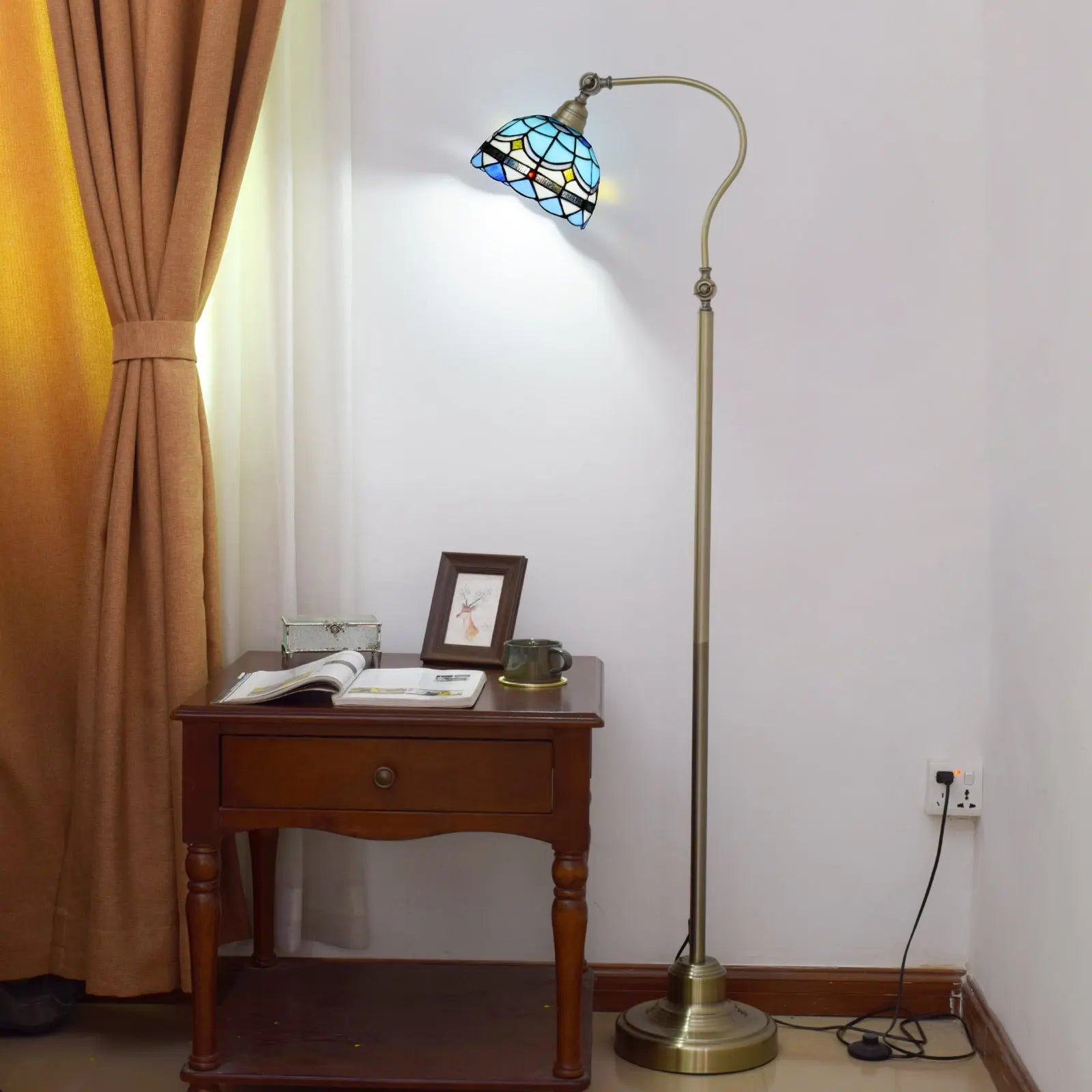 20cm Vintage Lampshade Blue Stained Glass Floor Lamp Tiffany Standing Light - CTL