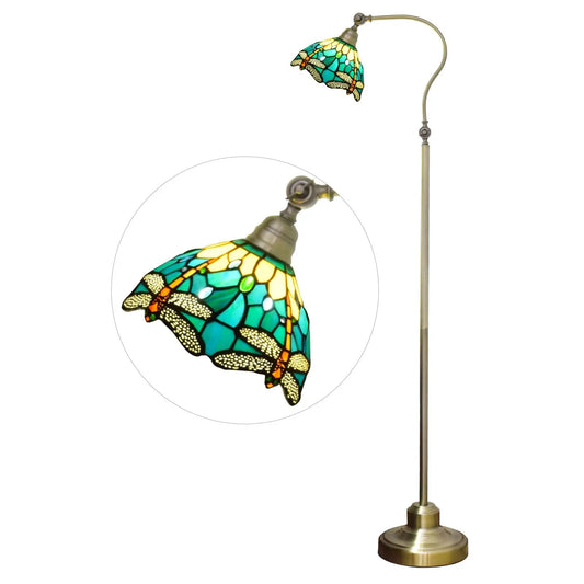 20cm Vintage Stained Glass Green Lampshade Tiffany Dragonfly Floor Lamp - CTL