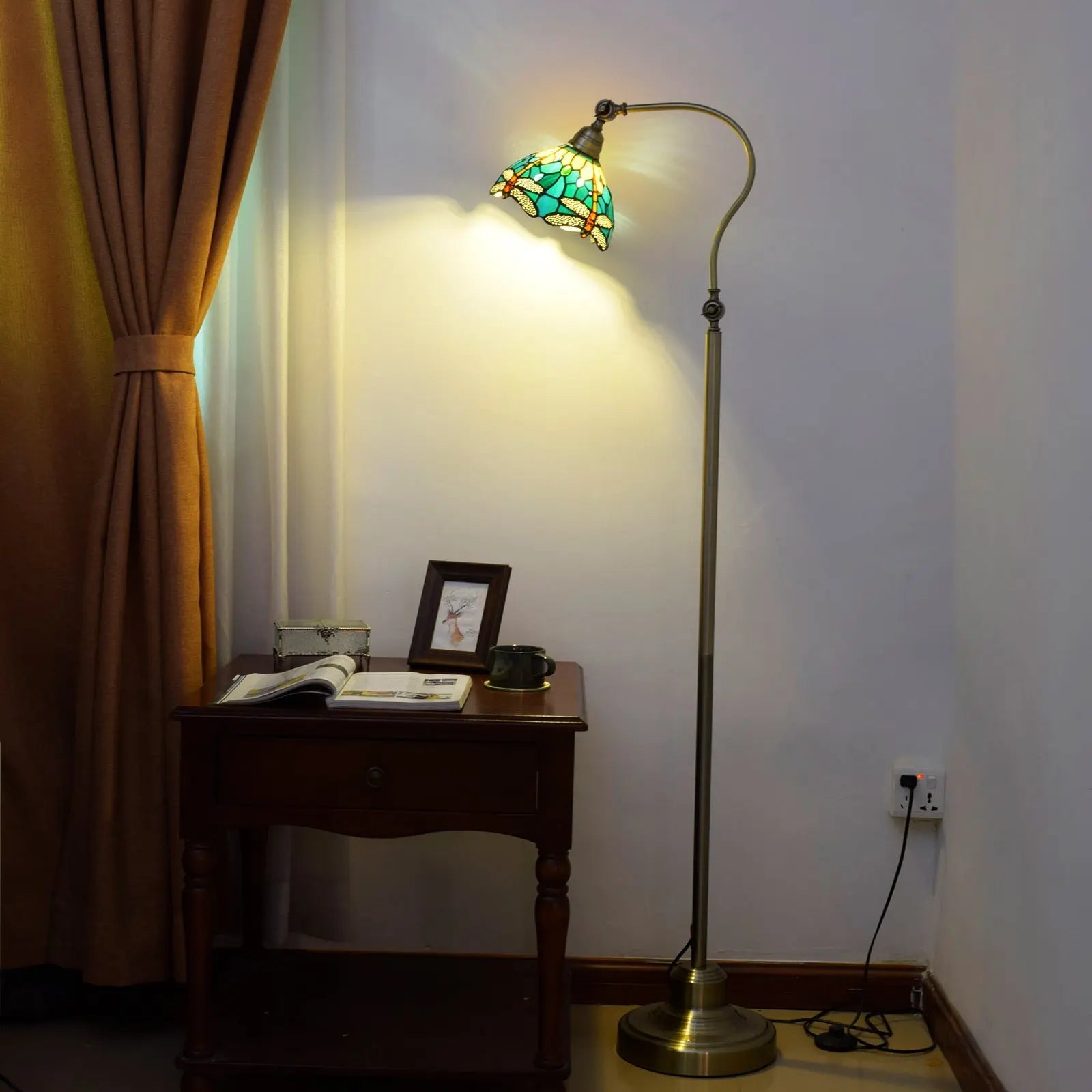 20cm Vintage Stained Glass Green Lampshade Tiffany Dragonfly Floor Lamp - CTL