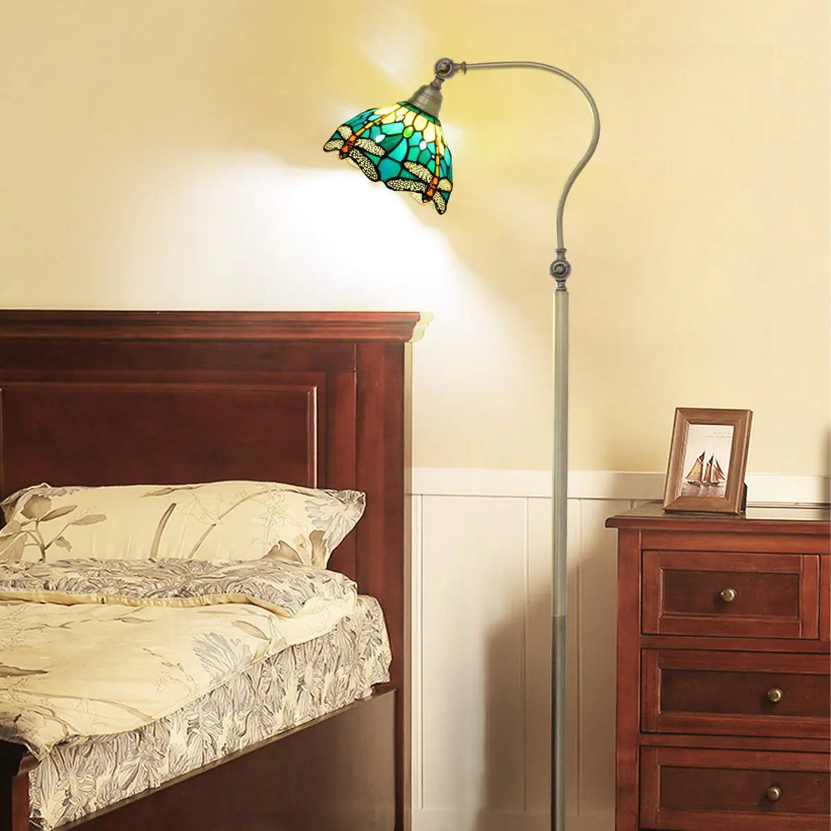 20cm Vintage Stained Glass Green Lampshade Tiffany Dragonfly Floor Lamp - CTL