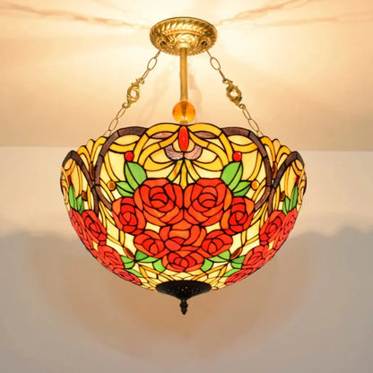 20inch 50cm Stained Glass Pendant Light Rose Lampshade Tiffany Glass Chandelier - CTL