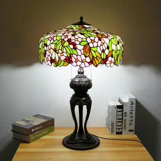 20inch Luxury Stained Glass Apple Blossom Floral Lampshade Vintage Tiffany Desk Lamp - CTL