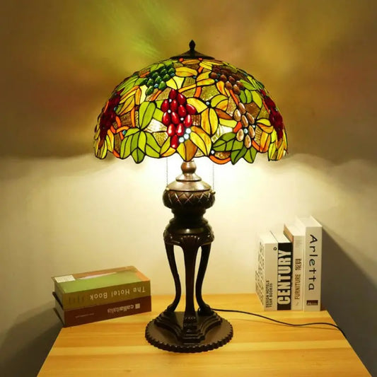 20inch Stained Glass Green Grapes Floral Lampshade Vintage Tiffany Desk Lamp - CTL