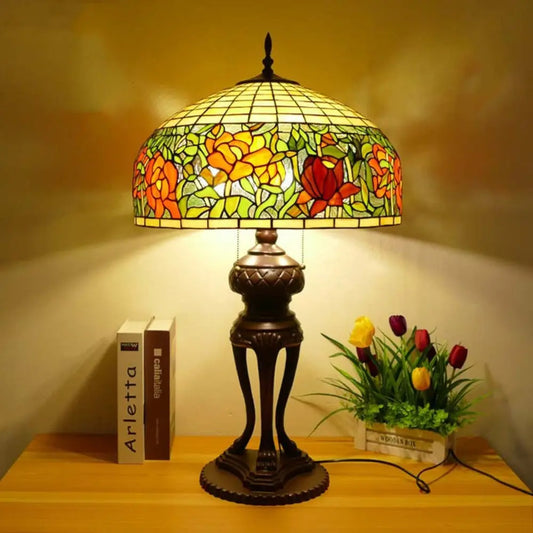 20inch Stained Glass Pastoral Floral Peony Lampshade Vintage Tiffany Desk Lamp - CTL