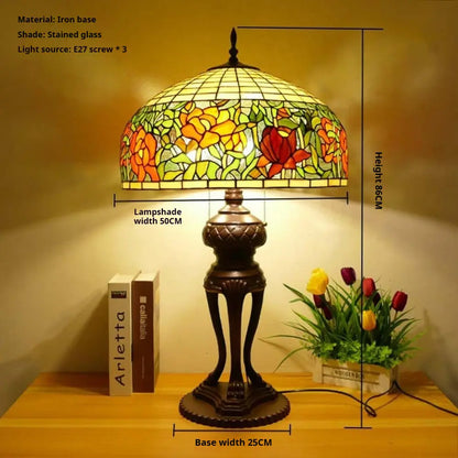 20inch Stained Glass Pastoral Floral Peony Lampshade Vintage Tiffany Desk Lamp - CTL