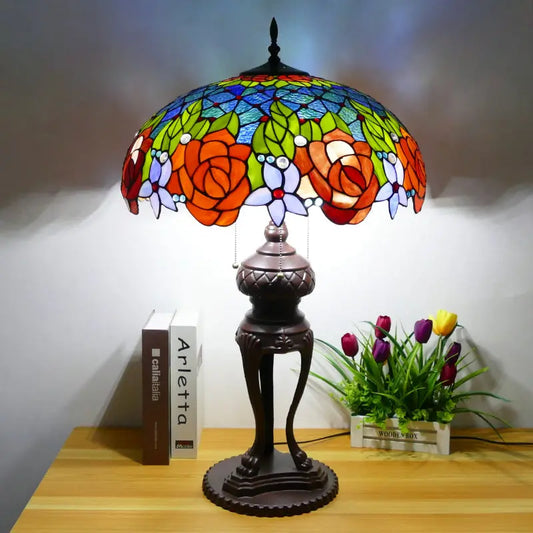 20inch Stained Glass Pastoral Floral Rose Lampshade Vintage Tiffany Desk Lamp - CTL