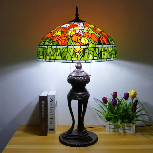 20inch Stained Glass Pastoral Floral Tulp Lampshade Vintage Tiffany Desk Lamp - CTL