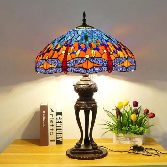 24inch 60cm Luxury Stained Glass Blue Dragonfly Lampshade Bar Bedroom Bedside Vintage Tiffany Desk Lamp - CTL
