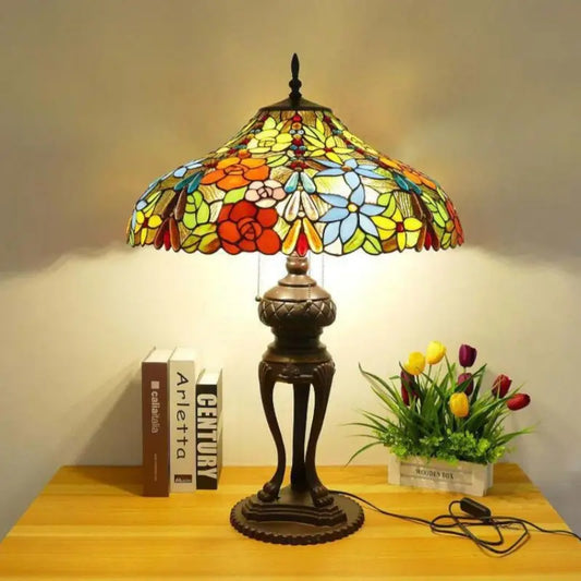 24inch 60cm Luxury Stained Glass Long Bead Rose Lampshade Bar Bedroom Bedside Vintage Tiffany Desk Lamp - CTL