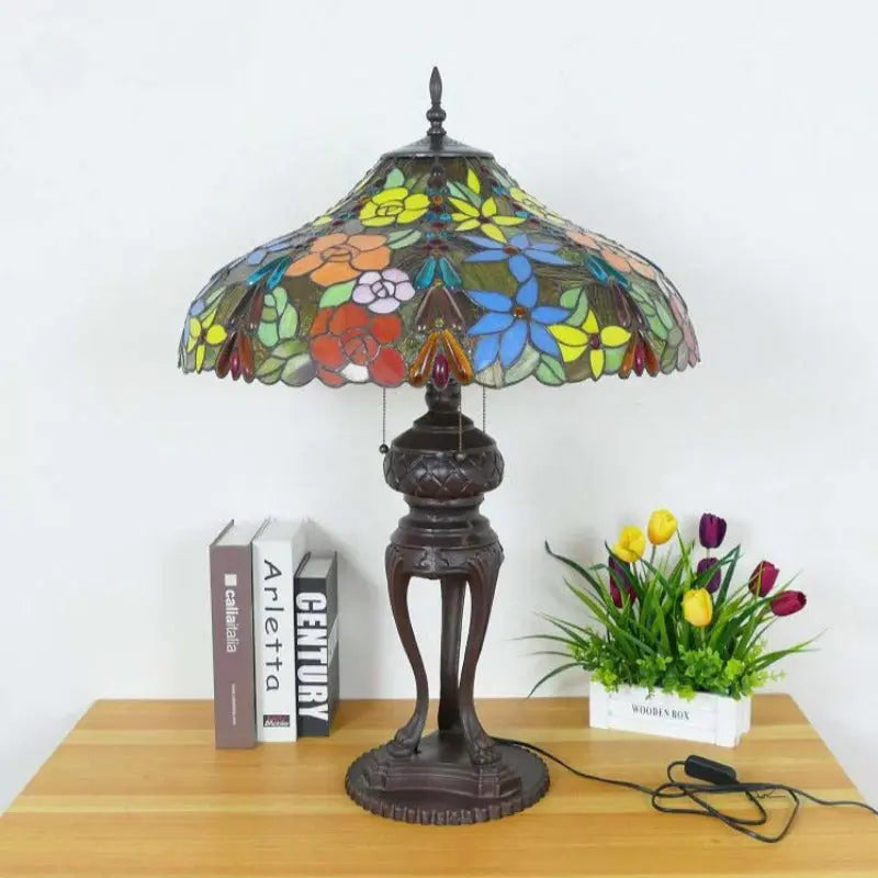 24inch 60cm Luxury Stained Glass Long Bead Rose Lampshade Bar Bedroom Bedside Vintage Tiffany Desk Lamp - CTL