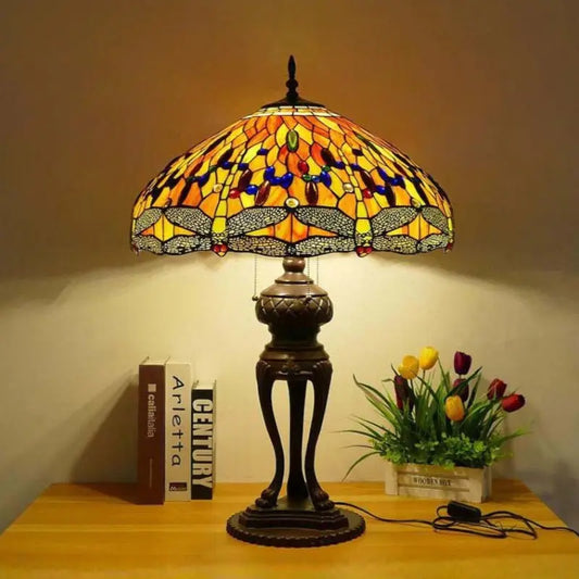 24inch 60cm Luxury Stained Glass Orange Dragonfly Lampshade Bar Bedroom Bedside Vintage Tiffany Desk Lamp - CTL