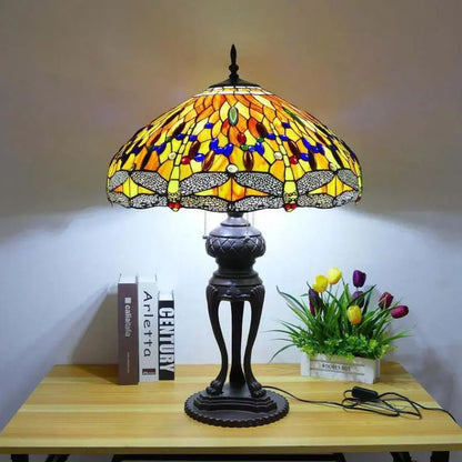 24inch 60cm Luxury Stained Glass Orange Dragonfly Lampshade Bar Bedroom Bedside Vintage Tiffany Desk Lamp - CTL