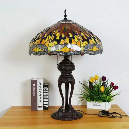 24inch 60cm Luxury Stained Glass Orange Dragonfly Lampshade Bar Bedroom Bedside Vintage Tiffany Desk Lamp - CTL