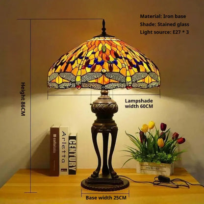 24inch 60cm Luxury Stained Glass Orange Dragonfly Lampshade Bar Bedroom Bedside Vintage Tiffany Desk Lamp - CTL