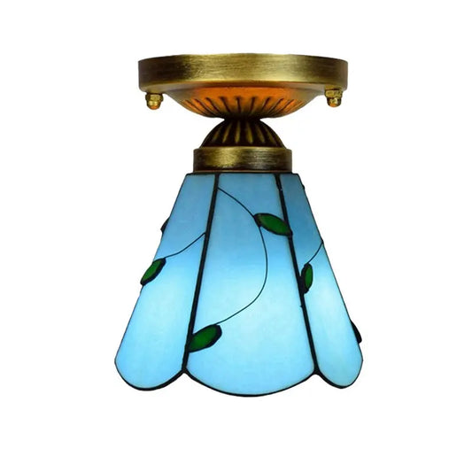 6inch Stained Glass Blue Leaf Mini Tiffany Glass Ceiling Light - CTL