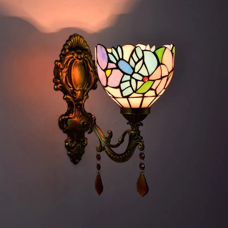 Mini Tiffany Glass Wall Sconces Stained Glass Crystal Floral Bird Wall Lamp - CTL
