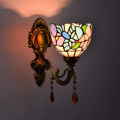 Mini Tiffany Glass Wall Sconces Stained Glass Crystal Floral Bird Wall Lamp - CTL