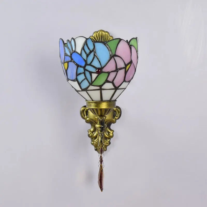 Mini Tiffany Glass Wall Sconces Stained Glass Crystal Floral Bird Wall Lamp - CTL