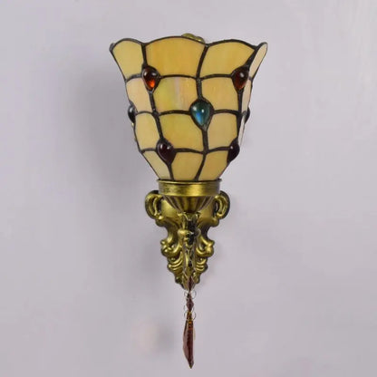 Tiffany Sconce Light Stained Glass Yellow Beads Lampshade Mini Wall Lamp - CTL