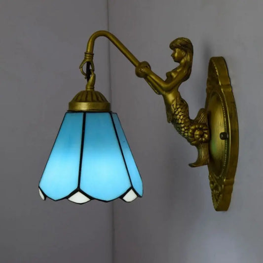 6inch Small Tiffany Wall Sconce with Stained Glass Blue Lampshade - CTL