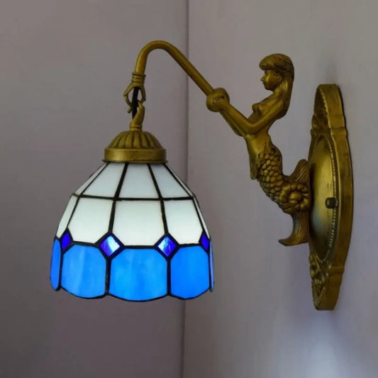 6inch Small Tiffany Lamp Stained Glass Blue Lampshade Wall Sconce - CTL