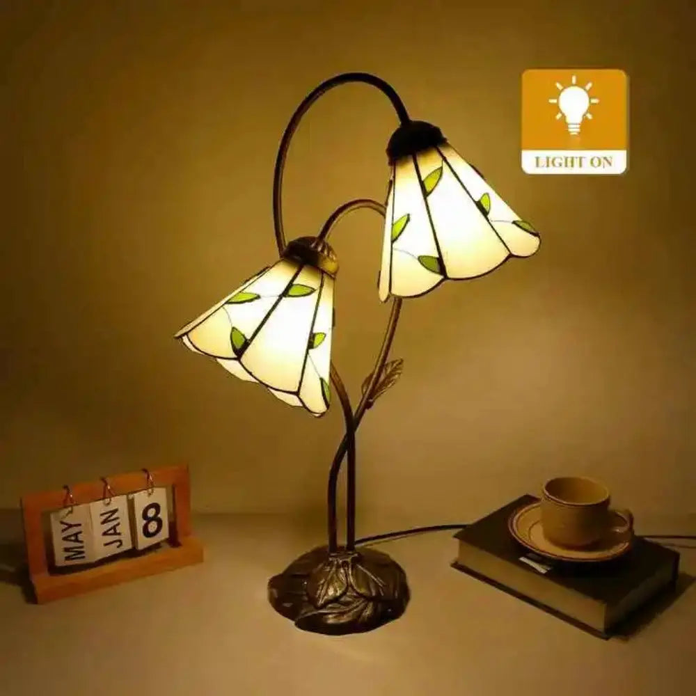 Vintage Stained Glass Flower Leaf Floral Lampshade Tiffany Desk Lamp - CTL