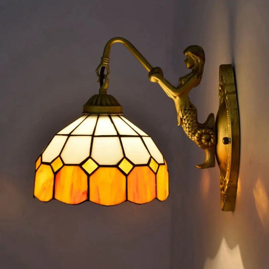 Tiffany Sconce Light Fixtures with Small Stained Glass Orange Lampshade - CTL