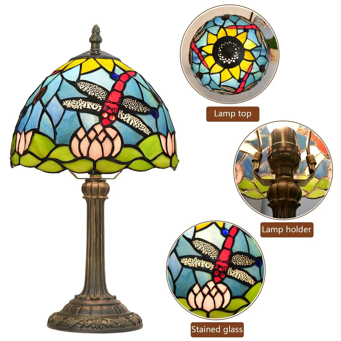 8inch 20cm Stained Glass Garden Lotus Lampshade Tiffany Dragonfly Table Lamp - CTL