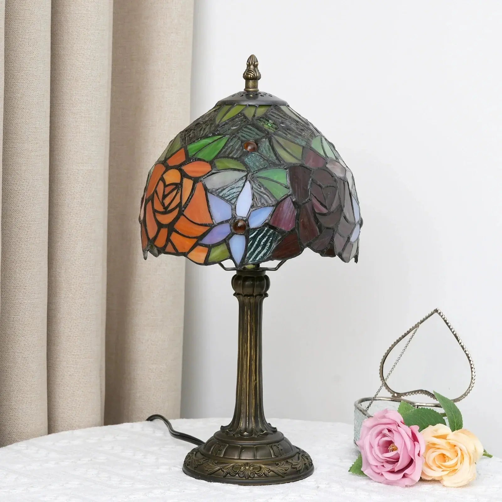 8inch 20cm Stained Glass Table Lamp Garden Rose Lampshade Tiffany Desk Lamp - CTL