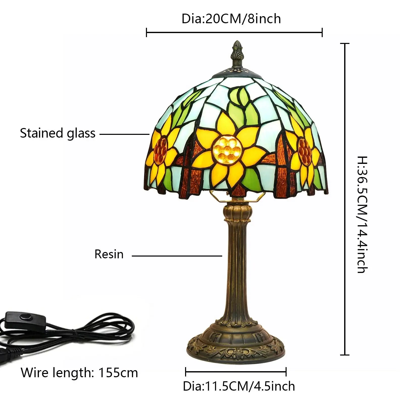 8inch 20cm Tiffany Stained Glass Garden Sunflower Lampshade Bedroom Desk Lamp - CTL